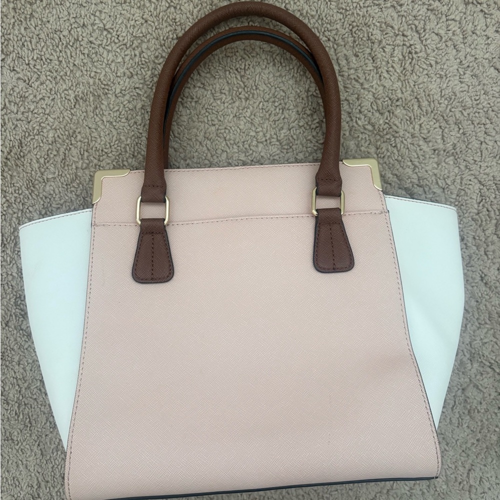 Large Calvin Klein Leather Purse Pink/White/Brown Shoulder Zip Bag - Picture 2 of 11